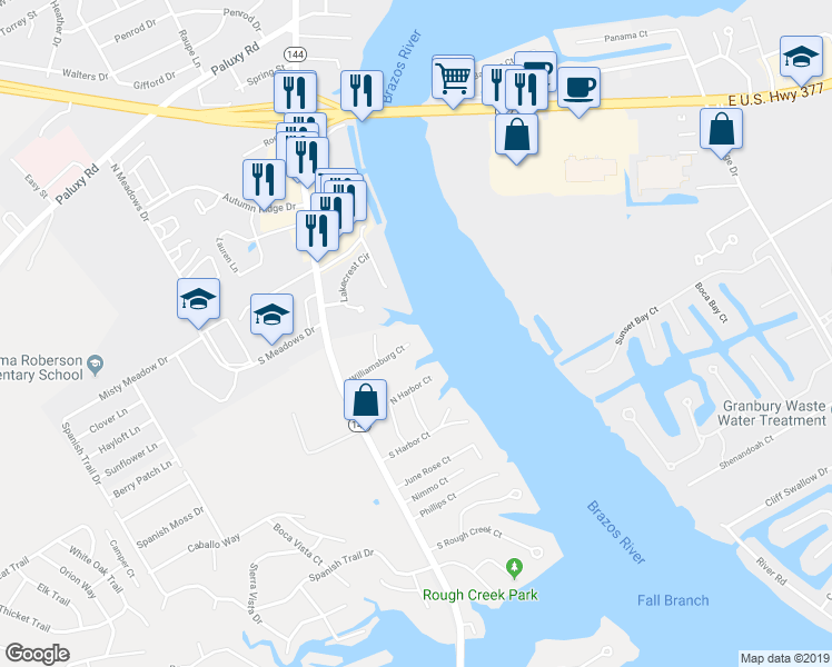 map of restaurants, bars, coffee shops, grocery stores, and more near 632 Williamsburg Court in Granbury