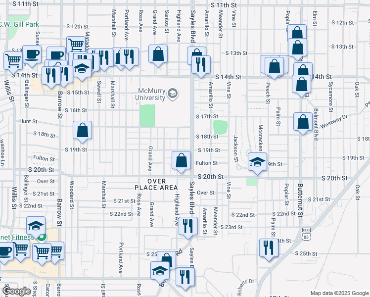 map of restaurants, bars, coffee shops, grocery stores, and more near 2126 South 19th Street in Abilene
