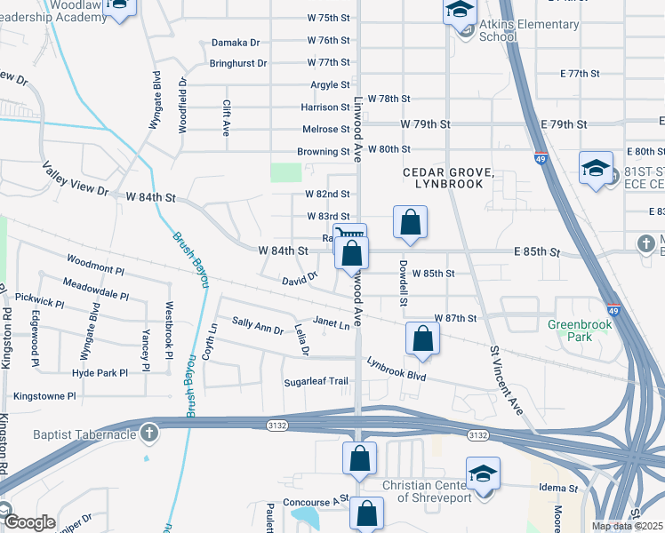 map of restaurants, bars, coffee shops, grocery stores, and more near 8411 David Drive in Shreveport