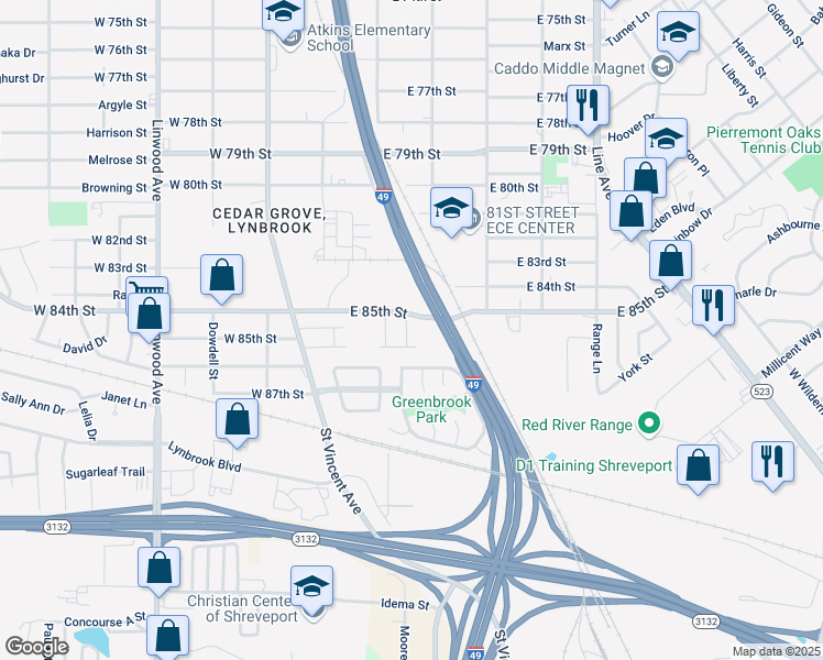 map of restaurants, bars, coffee shops, grocery stores, and more near 15 Mackenzie Street in Shreveport