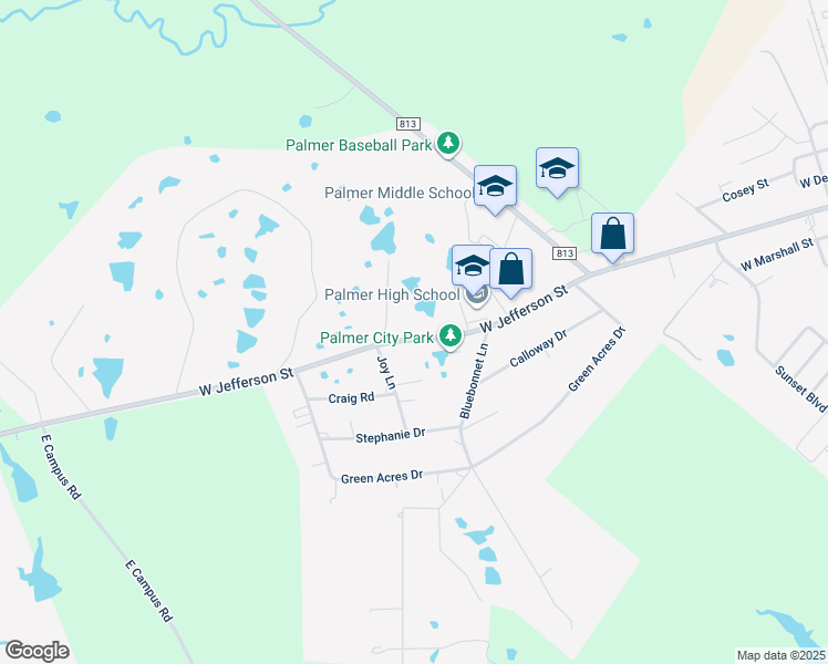 map of restaurants, bars, coffee shops, grocery stores, and more near 500 West Jefferson Street in Palmer