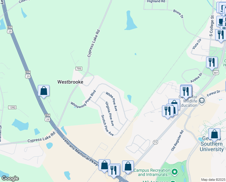 map of restaurants, bars, coffee shops, grocery stores, and more near 9034 Whispering Pines Boulevard in Statesboro