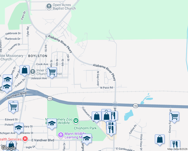 map of restaurants, bars, coffee shops, grocery stores, and more near 832 East Canyon Court in Montgomery