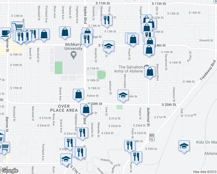 map of restaurants, bars, coffee shops, grocery stores, and more near 1818 Jackson Street in Abilene