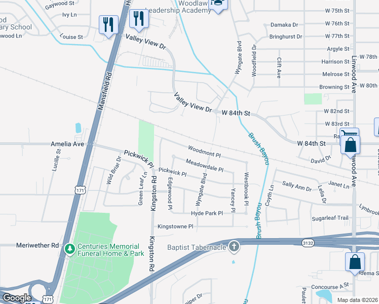 map of restaurants, bars, coffee shops, grocery stores, and more near 726 Woodmont Pl in Shreveport