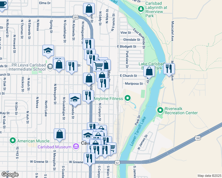 map of restaurants, bars, coffee shops, grocery stores, and more near 610 North Main Street in Carlsbad