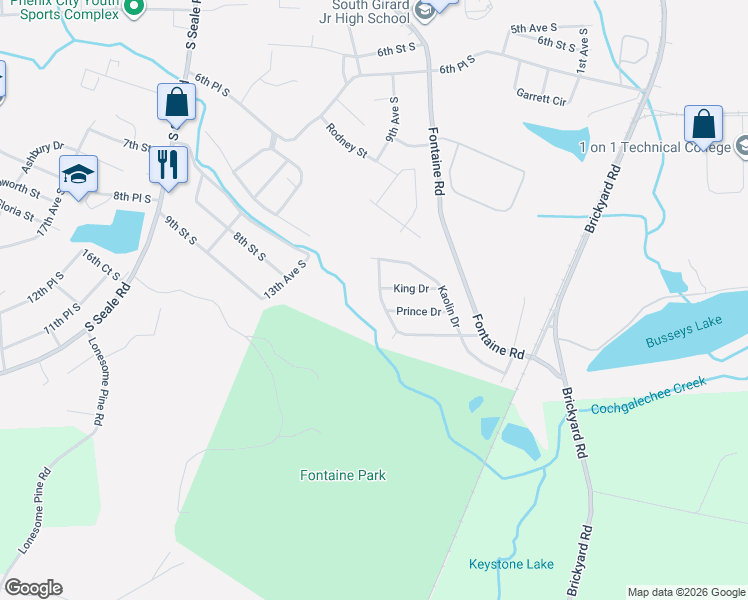 map of restaurants, bars, coffee shops, grocery stores, and more near 717 King Drive in Phenix City