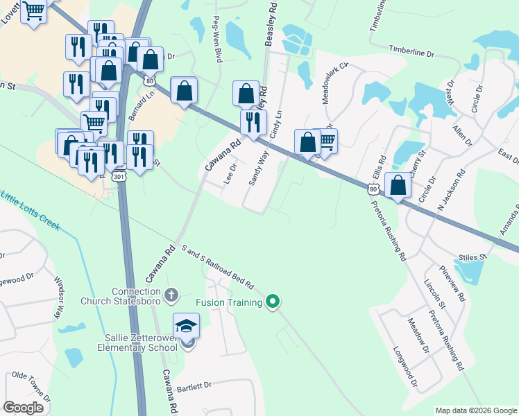 map of restaurants, bars, coffee shops, grocery stores, and more near 124 Sandy Way in Statesboro