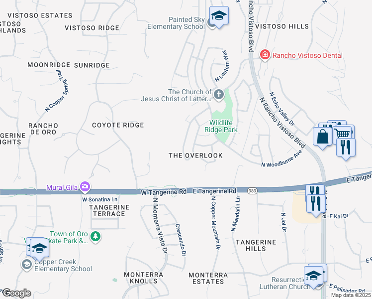 map of restaurants, bars, coffee shops, grocery stores, and more near 12164 North Kylene Canyon Drive in Oro Valley