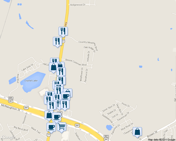 map of restaurants, bars, coffee shops, grocery stores, and more near 1586 Sandhurst Drive in Waxahachie