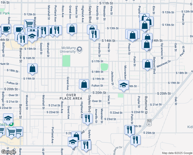 map of restaurants, bars, coffee shops, grocery stores, and more near 2018 South 19th Street in Abilene
