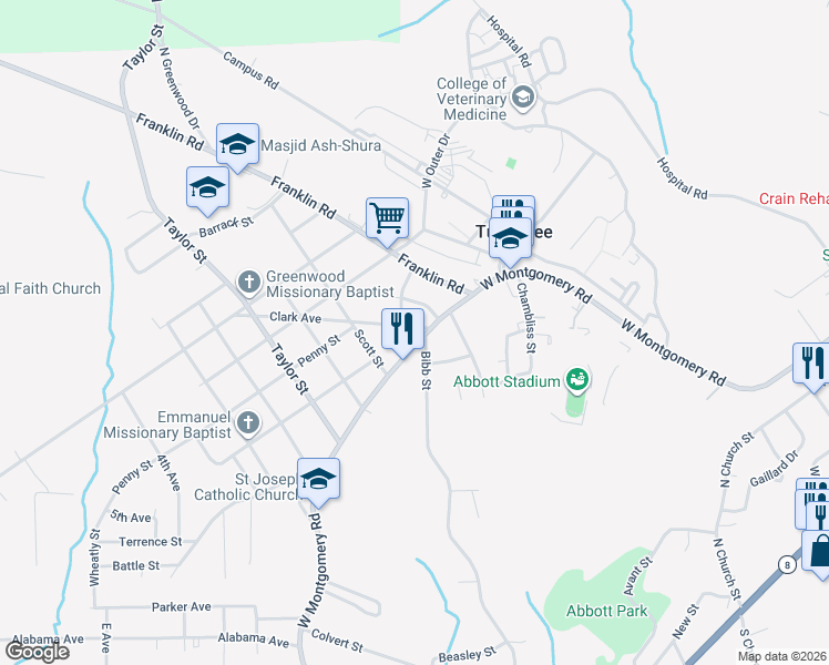 map of restaurants, bars, coffee shops, grocery stores, and more near 1201 Clark Avenue in Tuskegee