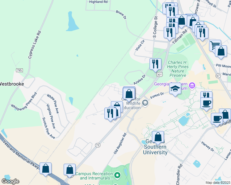 map of restaurants, bars, coffee shops, grocery stores, and more near 600 Woodland Drive in Statesboro