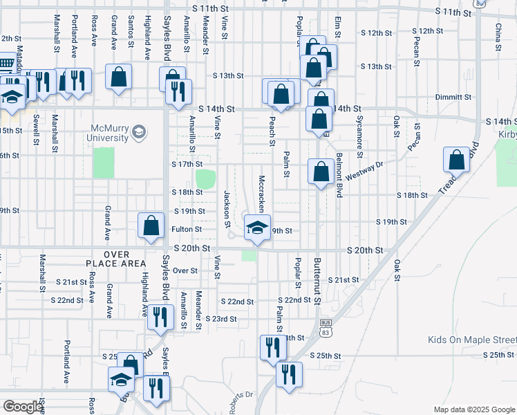 map of restaurants, bars, coffee shops, grocery stores, and more near 1818 Mccracken St in Abilene