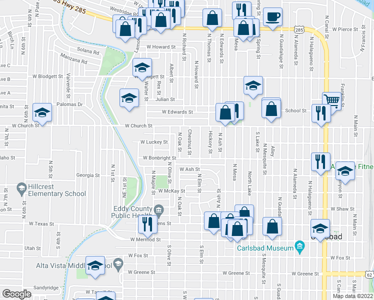 map of restaurants, bars, coffee shops, grocery stores, and more near 607 Chestnut Street in Carlsbad
