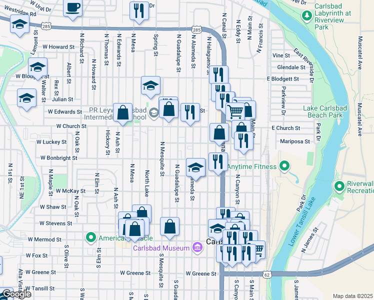 map of restaurants, bars, coffee shops, grocery stores, and more near 609 North Alameda Street in Carlsbad