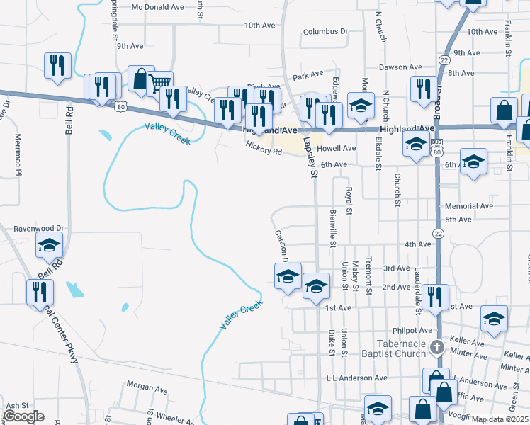 map of restaurants, bars, coffee shops, grocery stores, and more near 401 Battery Avenue in Selma