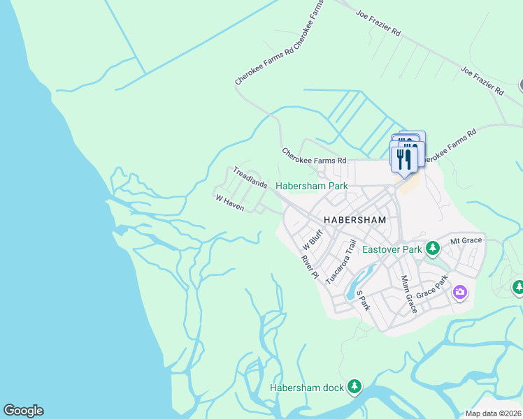 map of restaurants, bars, coffee shops, grocery stores, and more near 3 Bridge Point in Beaufort