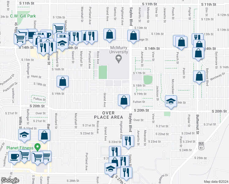 map of restaurants, bars, coffee shops, grocery stores, and more near 2242 South 19th Street in Abilene
