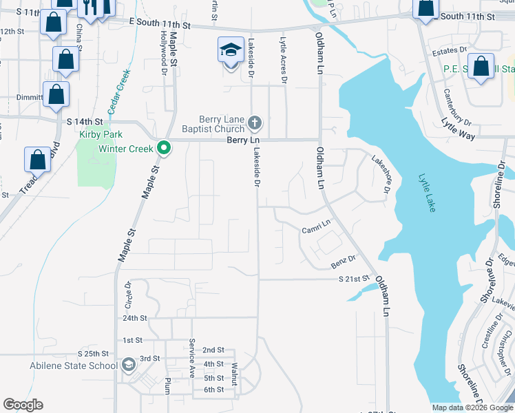 map of restaurants, bars, coffee shops, grocery stores, and more near 1838 Lakeside Dr in Abilene
