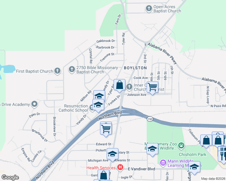 map of restaurants, bars, coffee shops, grocery stores, and more near 2960 Tyler Rd in Montgomery