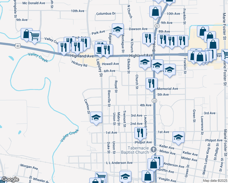 map of restaurants, bars, coffee shops, grocery stores, and more near 2019 Royal St in Selma