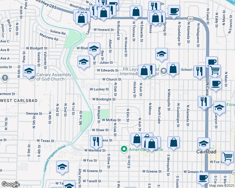 map of restaurants, bars, coffee shops, grocery stores, and more near 607 Chestnut Street in Carlsbad