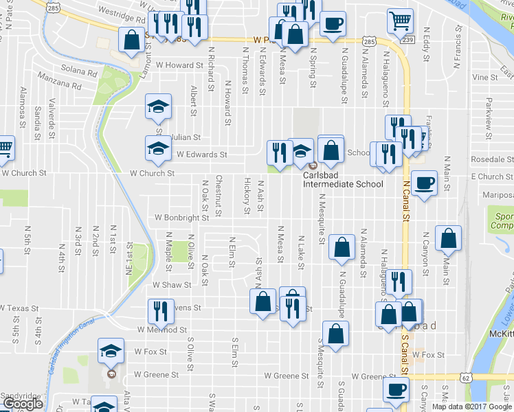 map of restaurants, bars, coffee shops, grocery stores, and more near 607 N Ash St in Carlsbad