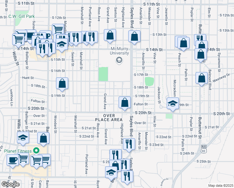 map of restaurants, bars, coffee shops, grocery stores, and more near 2234 South 19th Street in Abilene