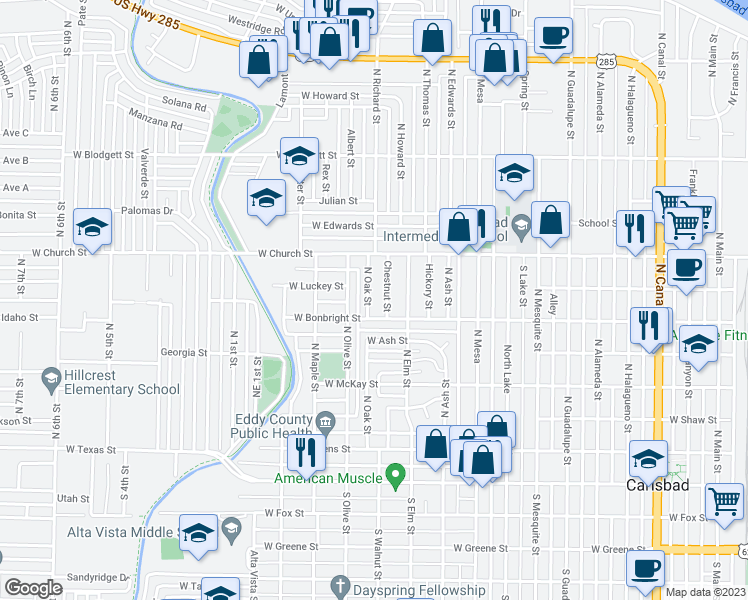 map of restaurants, bars, coffee shops, grocery stores, and more near 608 North Oak Street in Carlsbad