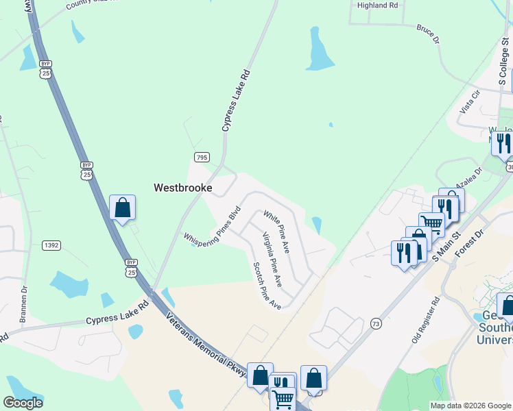 map of restaurants, bars, coffee shops, grocery stores, and more near 7015 White Pine Avenue in Statesboro