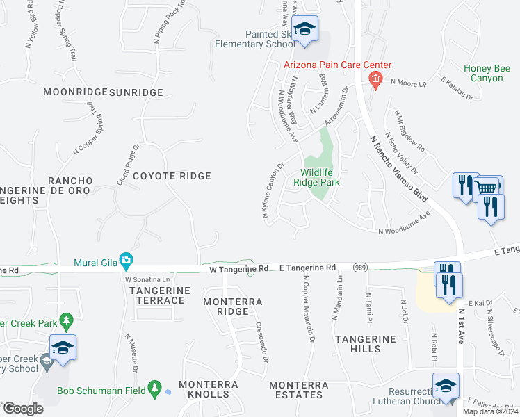 map of restaurants, bars, coffee shops, grocery stores, and more near 12171 North Kylene Canyon Drive in Oro Valley