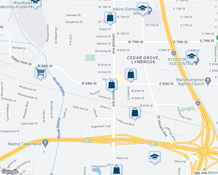 map of restaurants, bars, coffee shops, grocery stores, and more near 8409 Donna Lane in Shreveport
