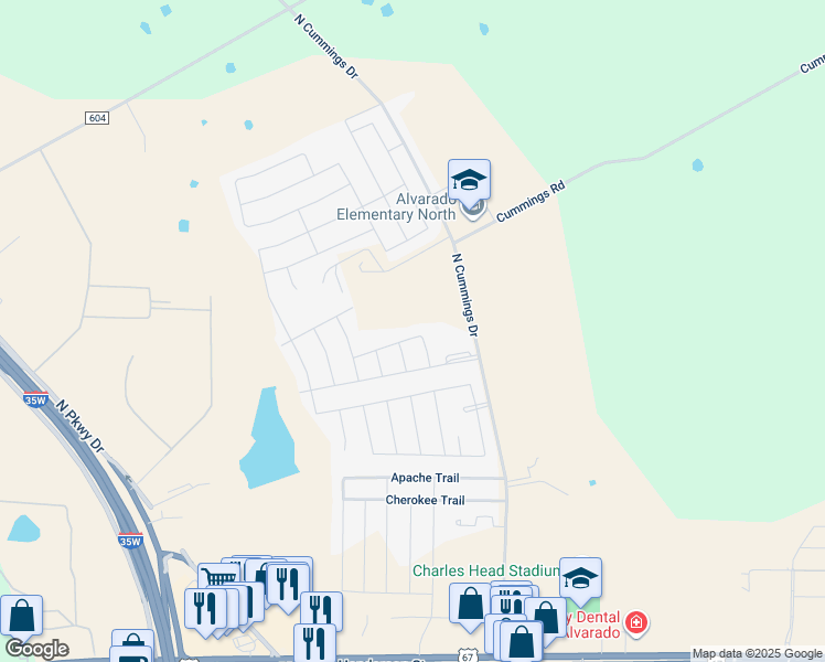 map of restaurants, bars, coffee shops, grocery stores, and more near 202 Limestone Dr in Alvarado