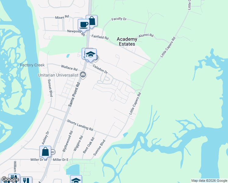 map of restaurants, bars, coffee shops, grocery stores, and more near 56 Big Ben Ln in Beaufort
