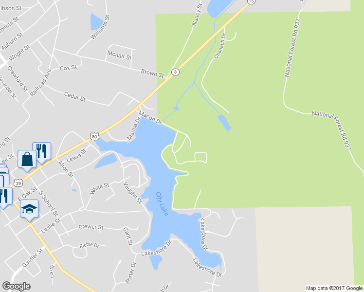 map of restaurants, bars, coffee shops, grocery stores, and more near County Hospital in Tuskegee