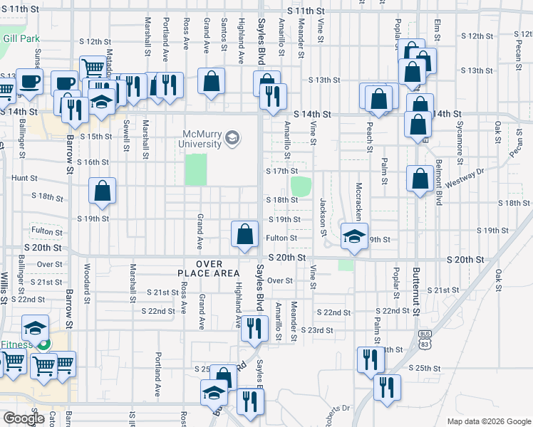 map of restaurants, bars, coffee shops, grocery stores, and more near 2018 South 19th Street in Abilene