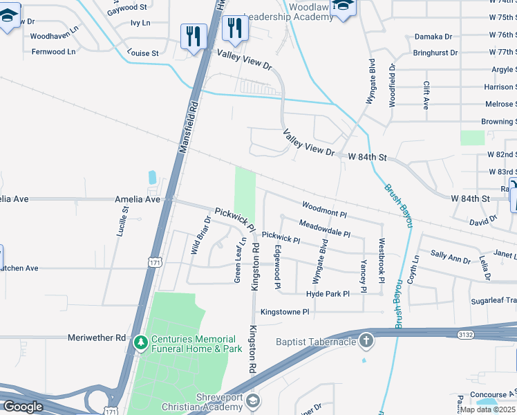 map of restaurants, bars, coffee shops, grocery stores, and more near 8514 Elmview Place in Shreveport