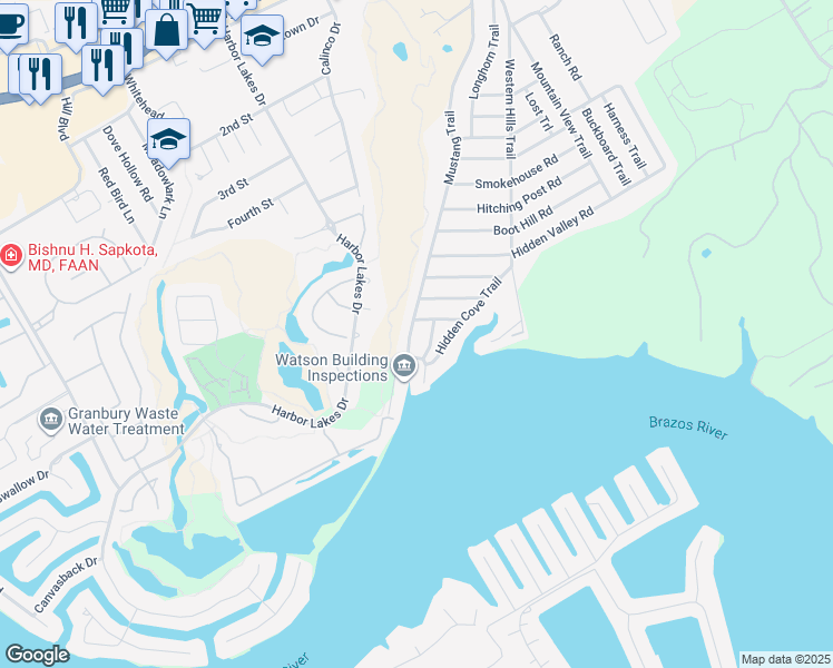 map of restaurants, bars, coffee shops, grocery stores, and more near 1017 Mustang Trail in Granbury