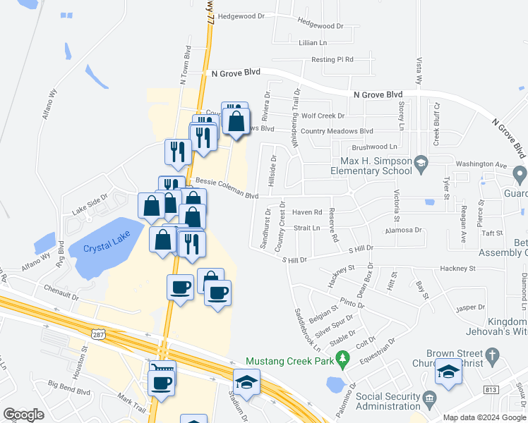 map of restaurants, bars, coffee shops, grocery stores, and more near 1585 Sandhurst Drive in Waxahachie