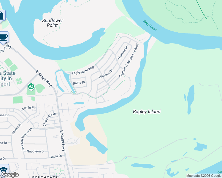 map of restaurants, bars, coffee shops, grocery stores, and more near 181 Captain H. M. Shreve Boulevard in Shreveport