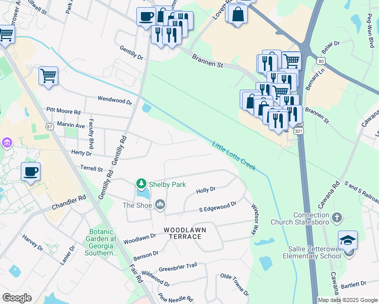 map of restaurants, bars, coffee shops, grocery stores, and more near 14 Greenwood Ave in Statesboro
