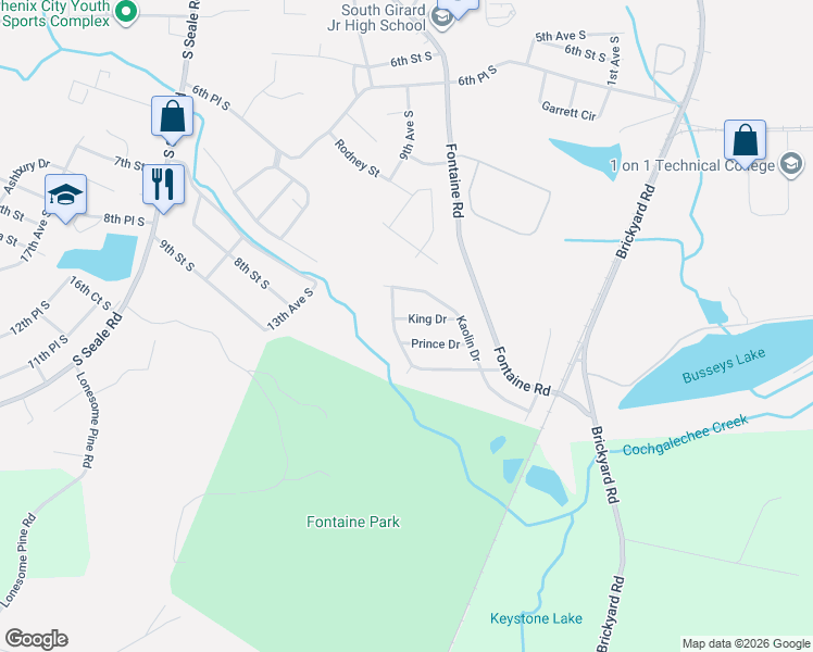 map of restaurants, bars, coffee shops, grocery stores, and more near 717 King Drive in Phenix City