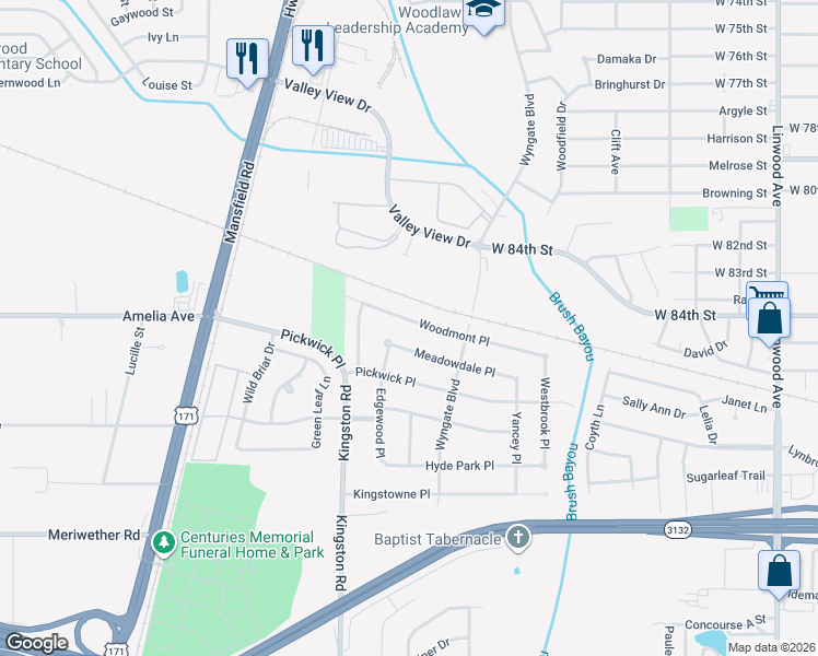 map of restaurants, bars, coffee shops, grocery stores, and more near 726 Woodmont Place in Shreveport