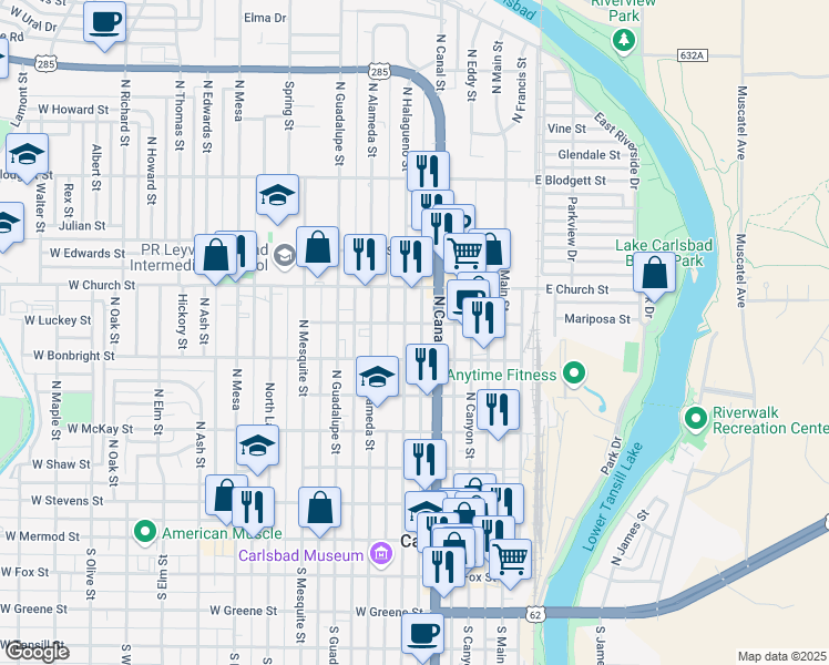 map of restaurants, bars, coffee shops, grocery stores, and more near 612 North Halagueno Street in Carlsbad