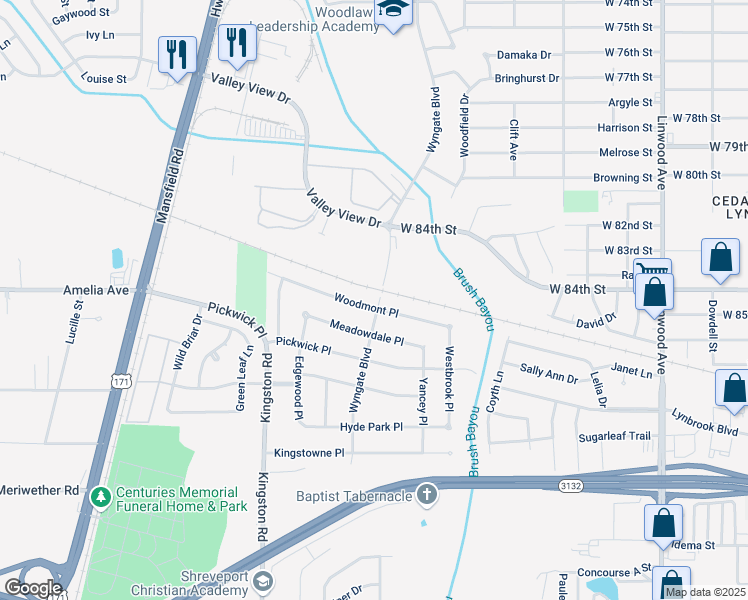 map of restaurants, bars, coffee shops, grocery stores, and more near 701 Woodmont Place in Shreveport