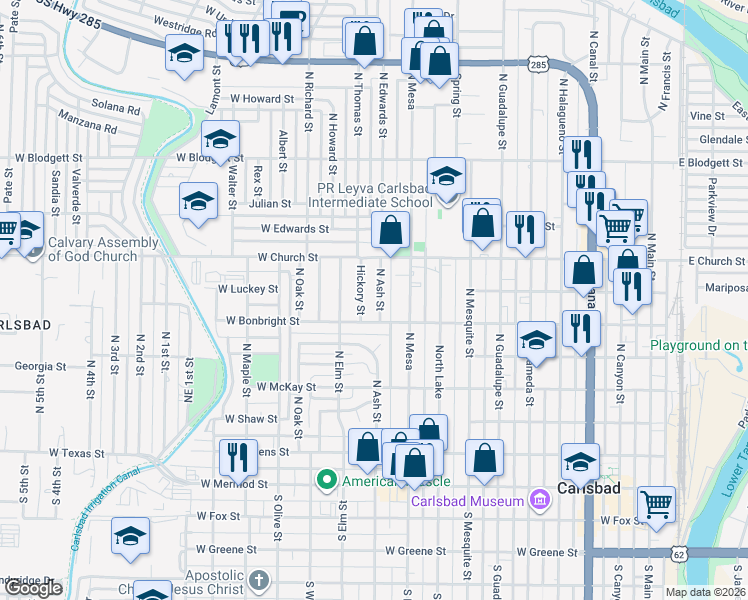 map of restaurants, bars, coffee shops, grocery stores, and more near 607 North Ash Street in Carlsbad