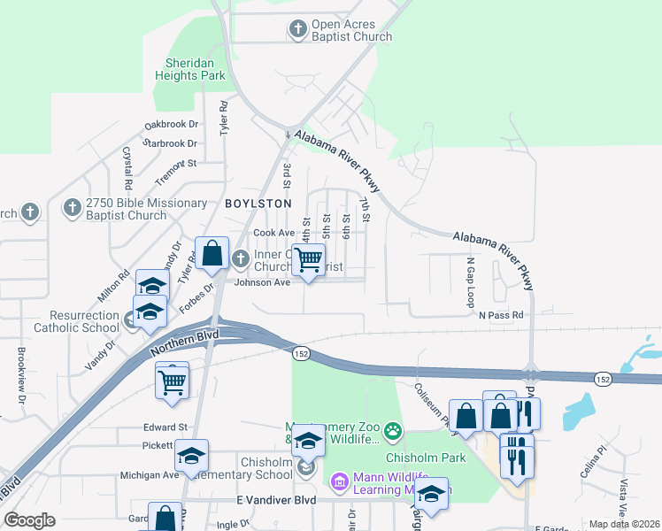 map of restaurants, bars, coffee shops, grocery stores, and more near 500 5th Street in Montgomery