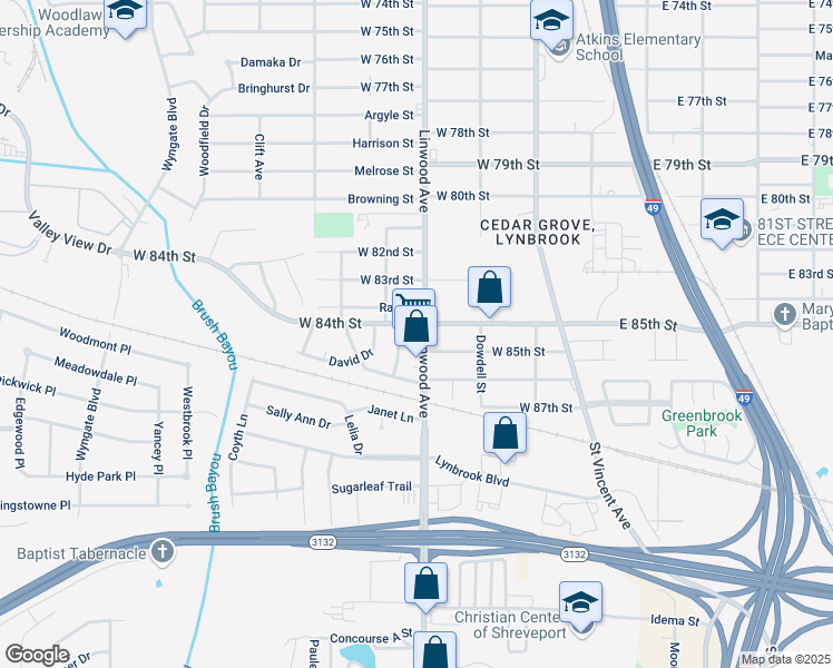 map of restaurants, bars, coffee shops, grocery stores, and more near 8400 Linwood Avenue in Shreveport