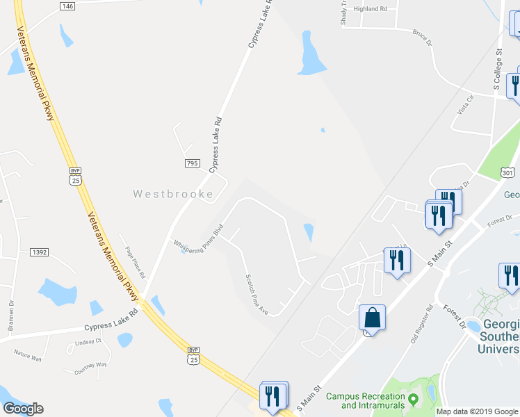 map of restaurants, bars, coffee shops, grocery stores, and more near 9028 Whispering Pines Boulevard in Statesboro